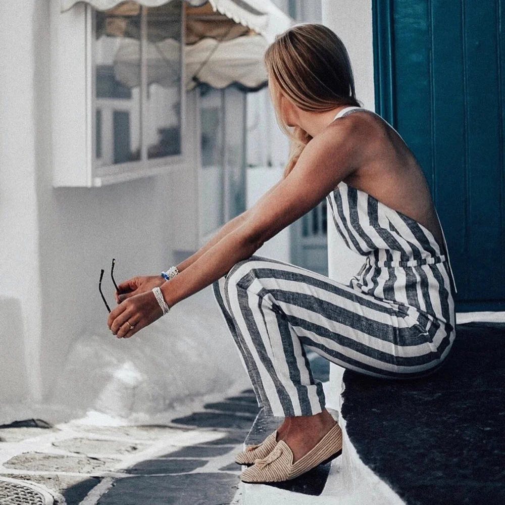 Reformation Striped Black and White Linen Jumpsuit